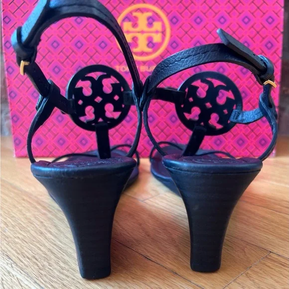 Tory Burch Navy Tumbled Leather Mini Miller 60MM Wedge Sandals - Picture 9 of 14